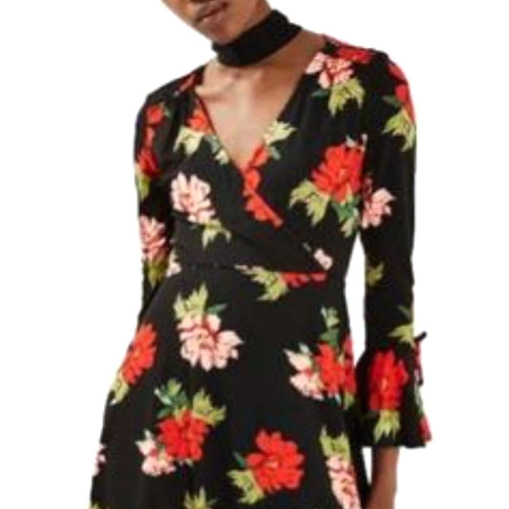 Top Shop Black Floral Mini Dress Long Sleeves‎